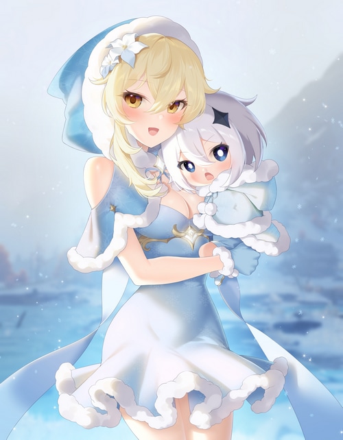 Genshin Impact Lumine and Paimon in Winter Outfits