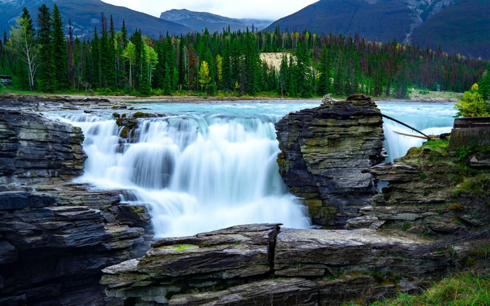 4K Waterfall in Canada with Forest and Rocks