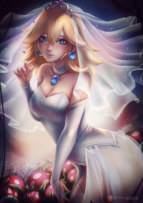 Princess Peach in a wedding dress with mushrooms