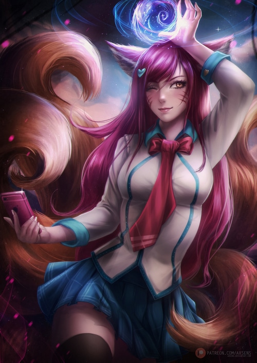 Ahri from League of Legends with fox ears and tails