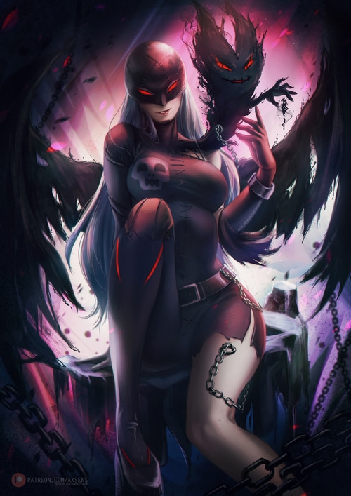 LadyDevimon and a dark creature with chains
