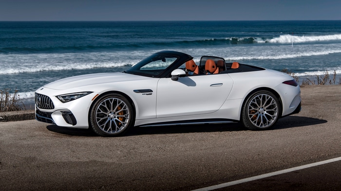 White Mercedes-AMG SL convertible by the sea