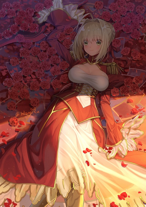 Nero Claudius from Fate/Grand Order surrounded by roses