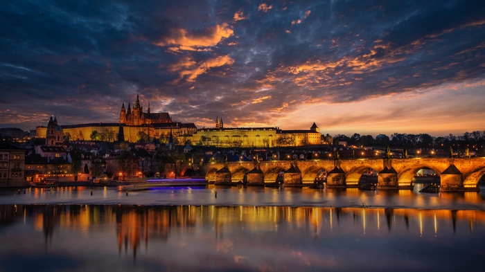 Prague Castle and Charles Bridge at Sunset