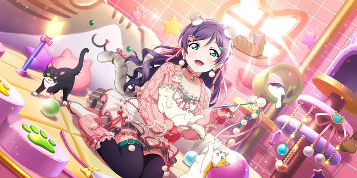 Toujou Nozomi with cats in a cat-themed room
