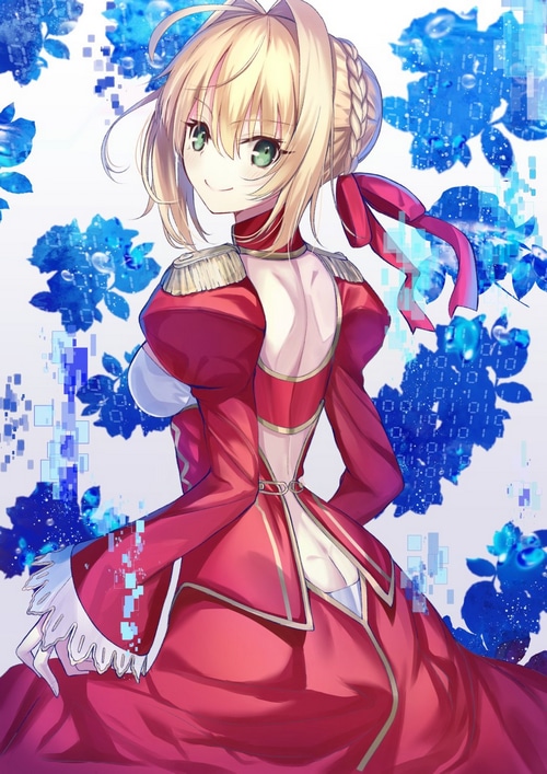 Nero Claudius in a red dress with digital blue flowers
