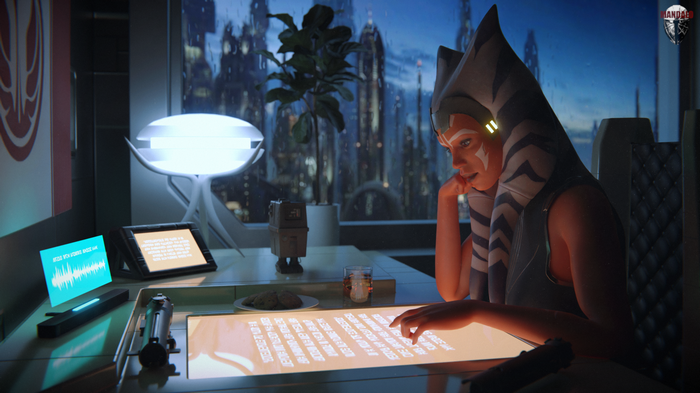 Ahsoka Tano and Gonk Droid in a futuristic city