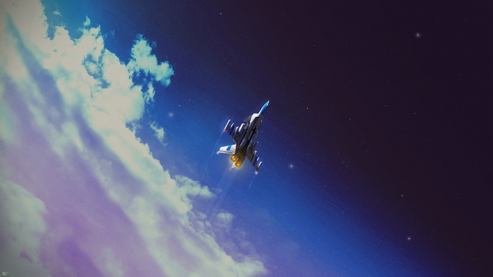Jet fighter flying through clouds and stars