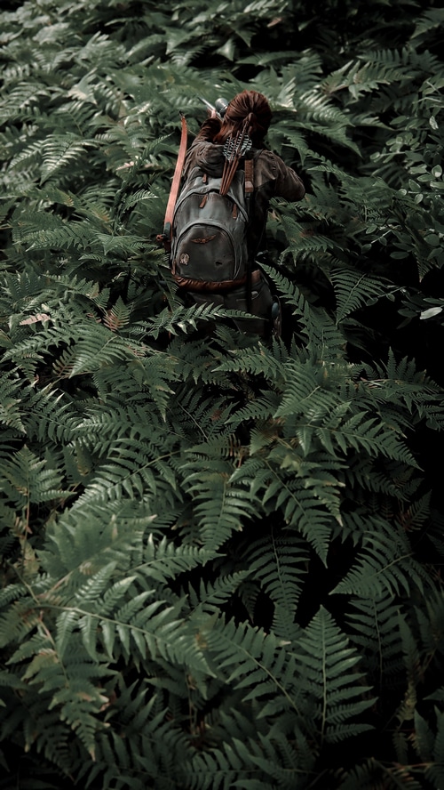 Ellie Williams with a bow and arrows in a forest