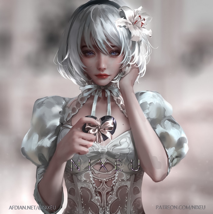 2B from Nier: Automata holding a heart-shaped box