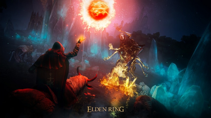Elden Ring: A sorcerer battles a grotesque creature under a fiery orb