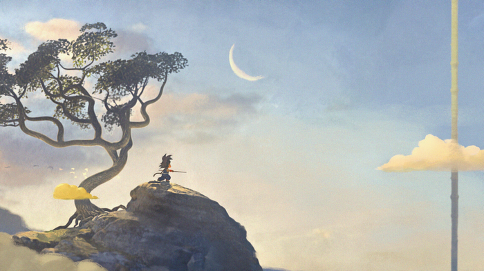Son Goku on a rocky outcrop under a crescent moon