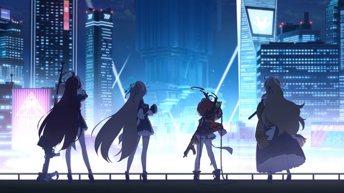 Blue Archive characters in a futuristic city at night