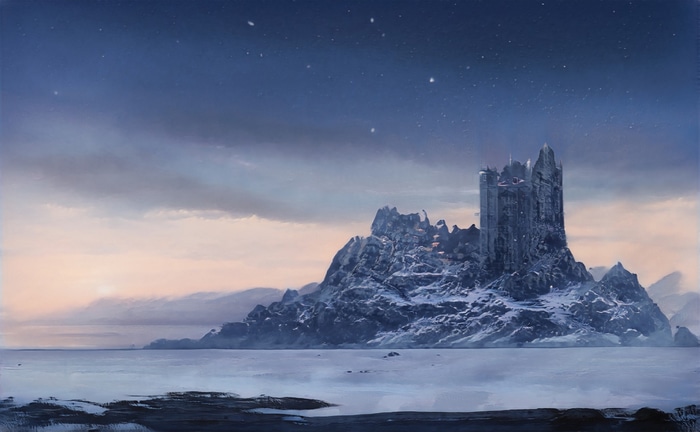 Digital art of a castle on a snowy mountain under stars
