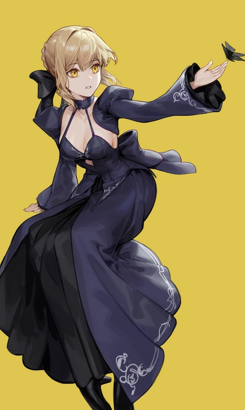 Saber Alter in a dark dress with a butterfly