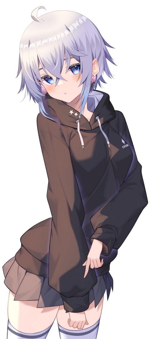 Jun with silver hair and blue eyes wearing a hoodie and skirt