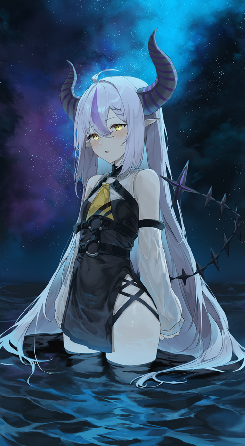 Anime girl with horns standing in water