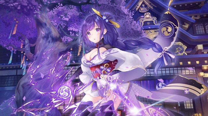 Raiden Shogun with purple hair and lightning