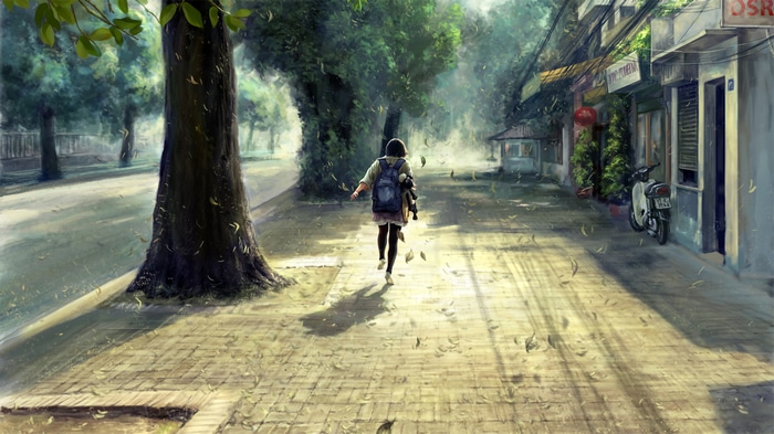 4K trees, sidewalks, leaves, and scooters