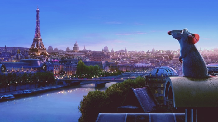 Remy the rat overlooks Paris at dusk