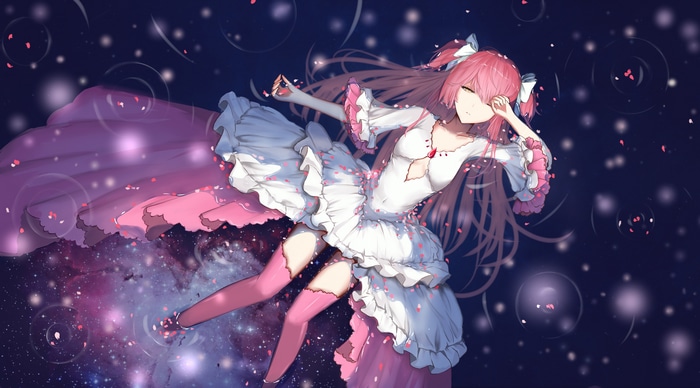 4K Kaname Madoka with pink hair and petals