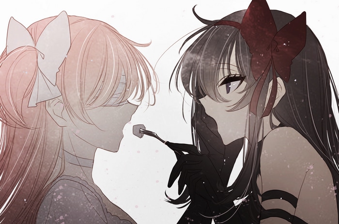 Homura Akemi feeds Kaname Madoka a treat