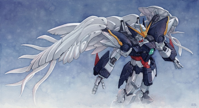 Wing Gundam Zero in a watercolor painting