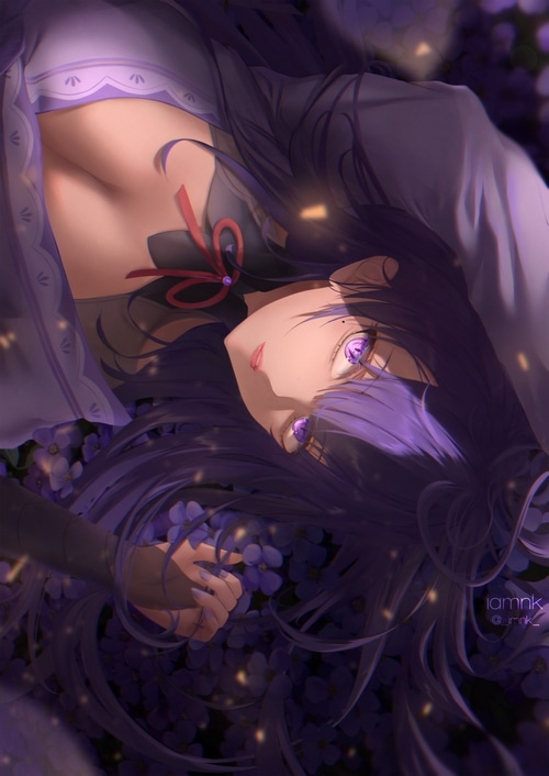 Raiden Shogun lying in purple flowers