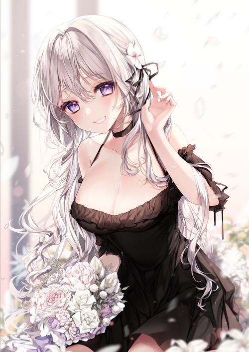 Anime girl with silver hair and purple eyes holding flowers