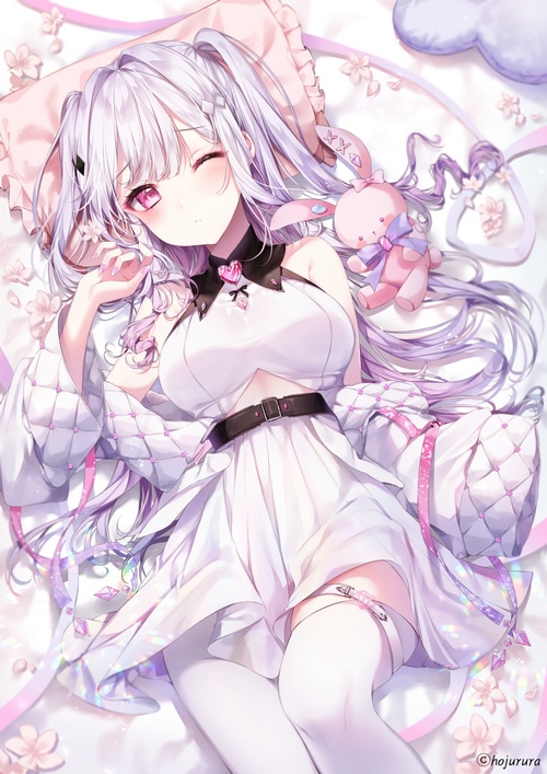 Anime girl with pink eyes and silver hair in bed