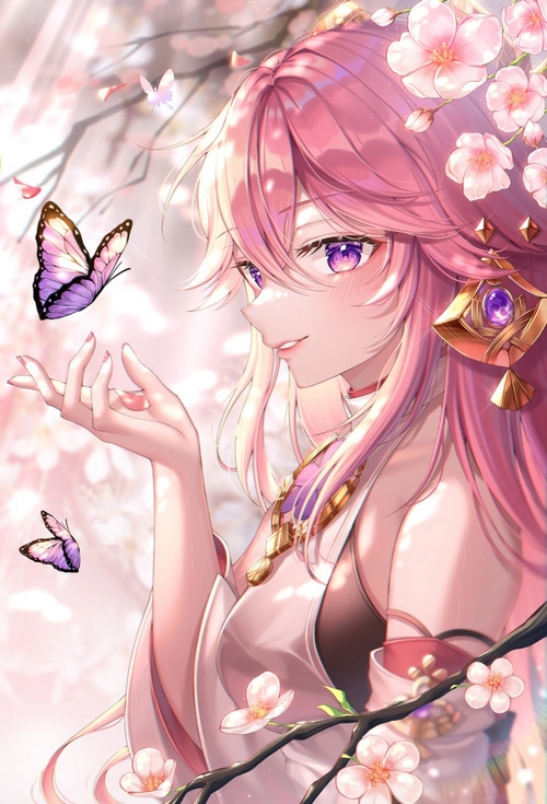 Yae Miko with butterflies and cherry blossoms