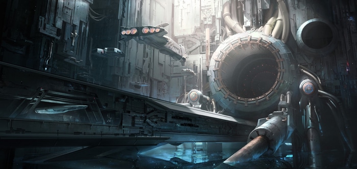 Spaceships in a futuristic industrial space station