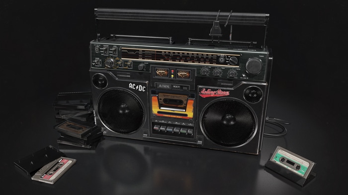 4K AIWA Boombox with AC/DC and Rolling Stones Cassettes