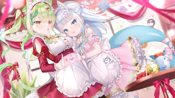 Two anime girls in maid outfits holding hearts