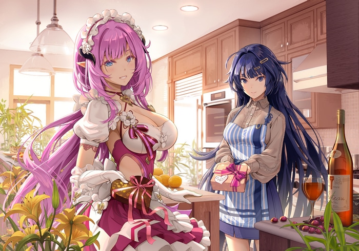 Elysia and Raiden Mei in a kitchen