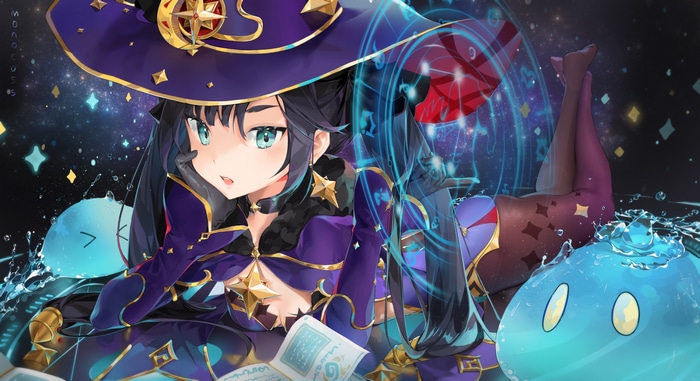 Genshin Impact Mona with Blue Slimes