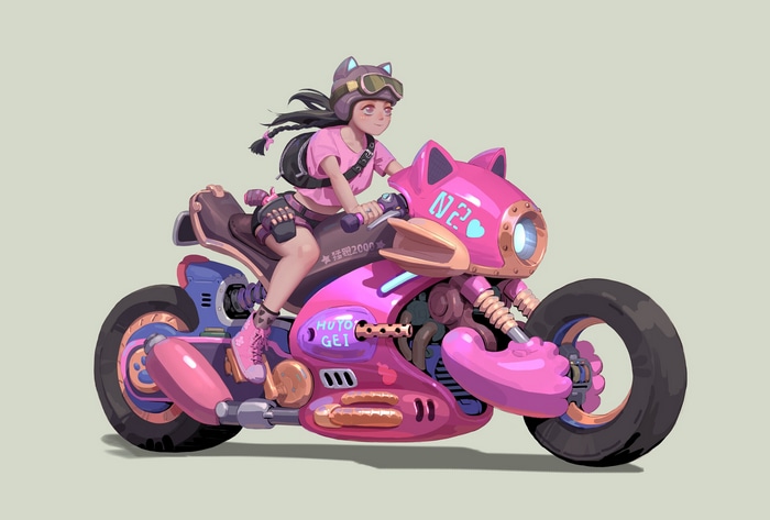 Girl in pink riding a pink cat-themed motorcycle