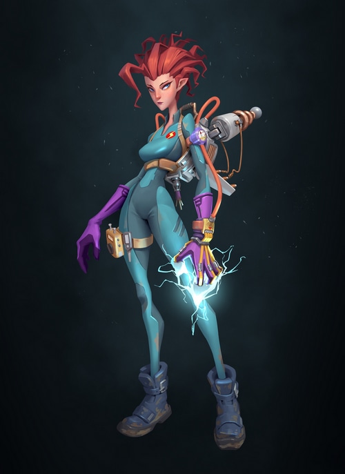 Science fiction woman with electrical device