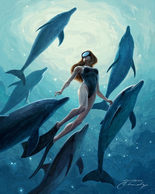 Woman swimming with dolphins underwater