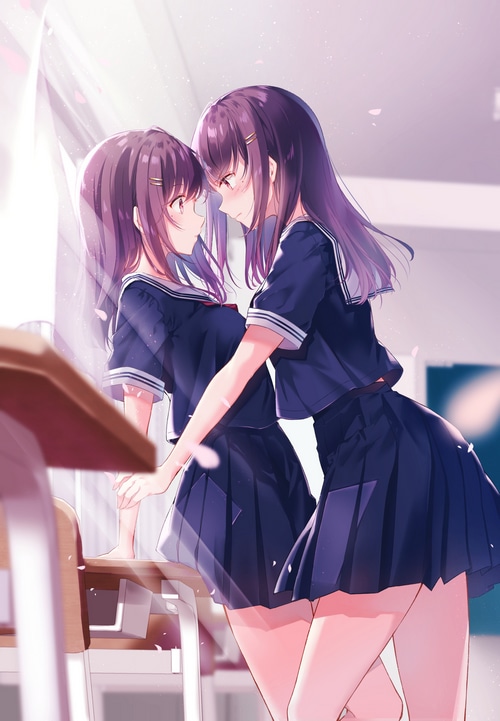 Two girls in school uniforms in a classroom