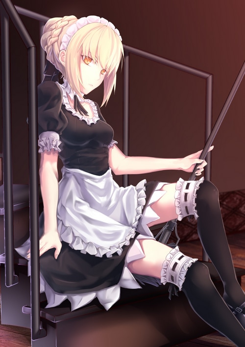 Saber Lily in a Maid Outfit Sitting on Stairs