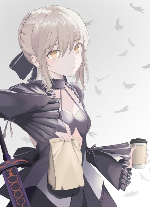 Saber Alter from Fate/Stay Night holding a bag and coffee