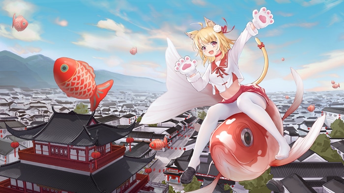 Anime cat girl riding a giant koi fish over a town