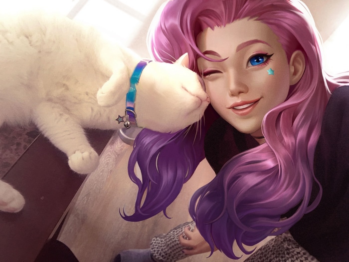 KDA Seraphine and a white cat