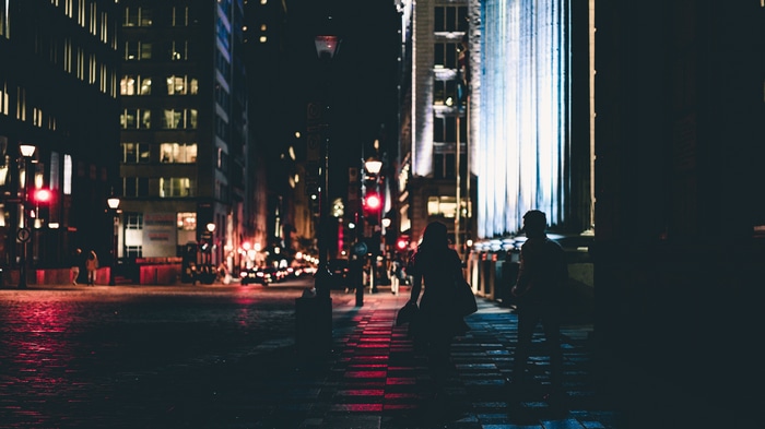 4K city street at night with silhouettes