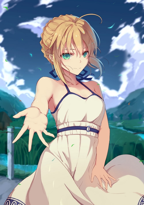Saber Artoria Pendragon in a white dress