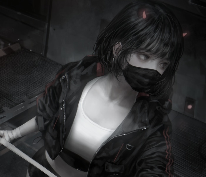 Anime girl with black hair and red horns wearing a mask