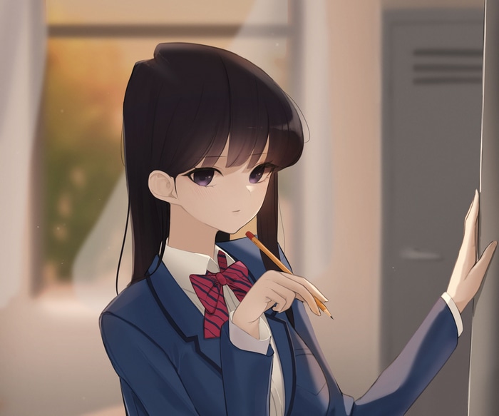Shouko Komi holding a pencil in school