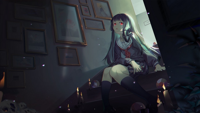 Enma Ai from Jigoku Shoujo sitting on stairs
