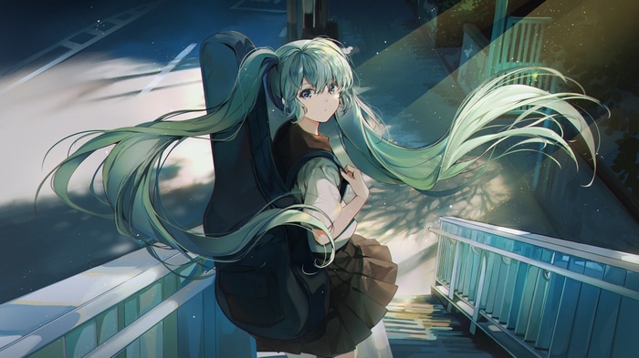 Hatsune Miku with a guitar case on her back